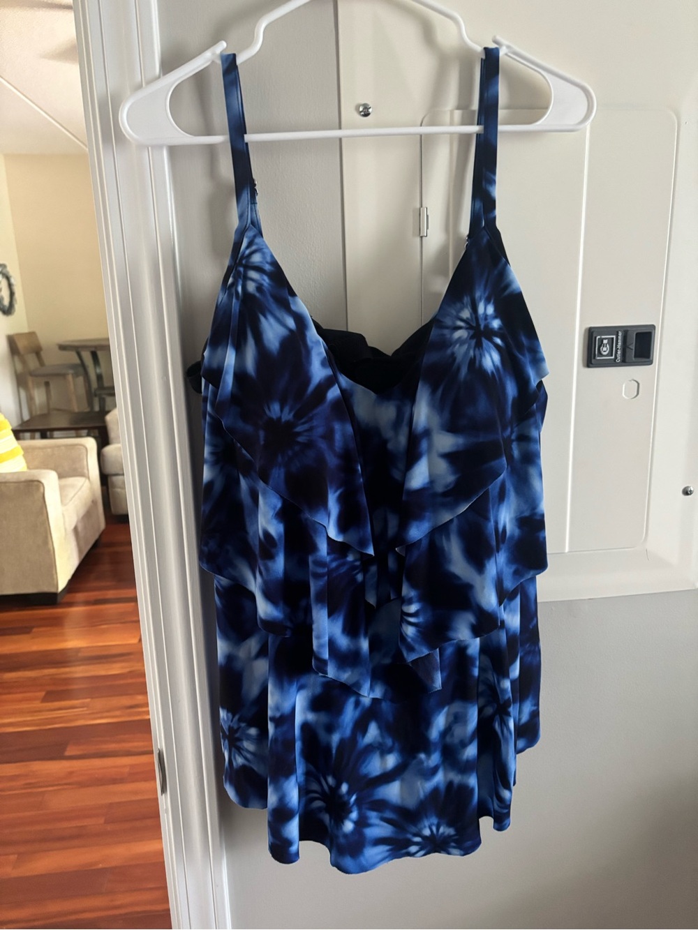 Navy Blue Tie-Dye Ruffle Tankini